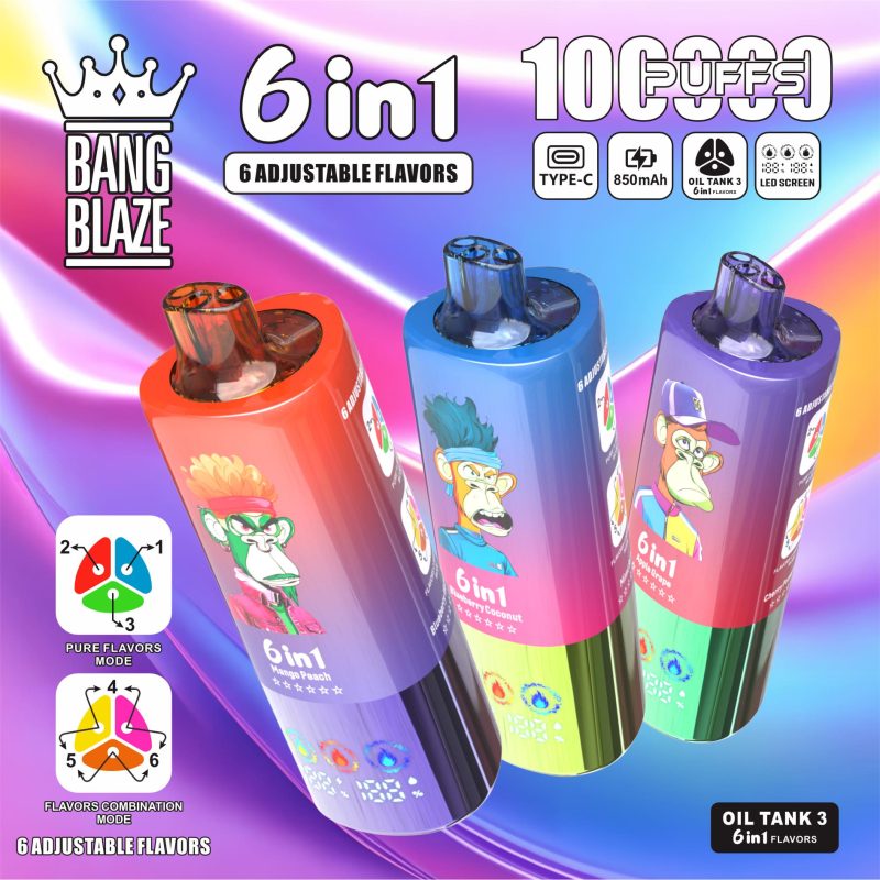 Bang Blaze 100K Puffs 6in1 Vape – 60ML  Triple Oil Tanks  6 Flavors  Type-C Rechargeable  0–5% Nicotine  Pure & Mix Modes